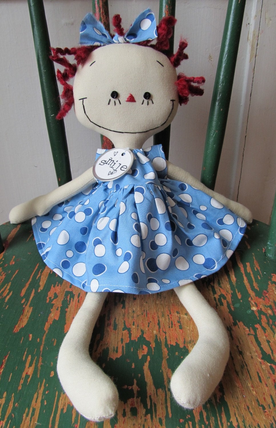 Annie in Blue and White Polka Dots handmade cloth rag doll