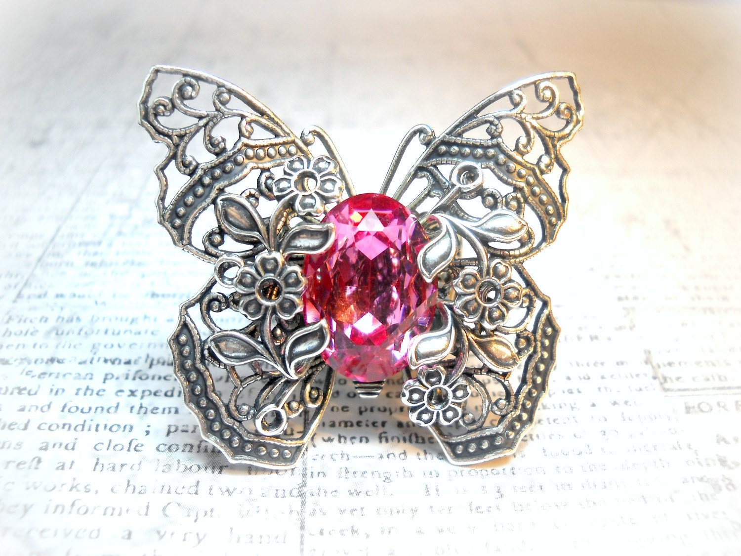 Butterfly Kisses Pink - Swarovski Crystal - Victorian Butterfly Filigree - Vintage Estate Rhinestone Cocktail Ring Adjustable