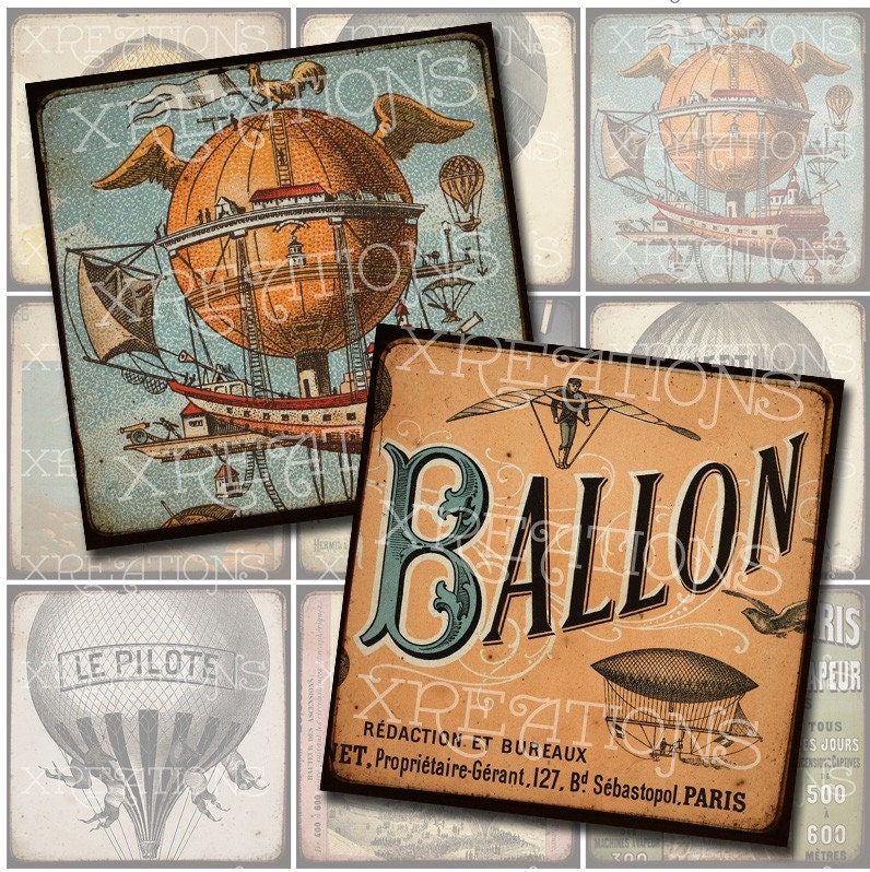 Vintage French Hot Air Balloon Images in 2x2 inches squares - Digital Collage Sheet