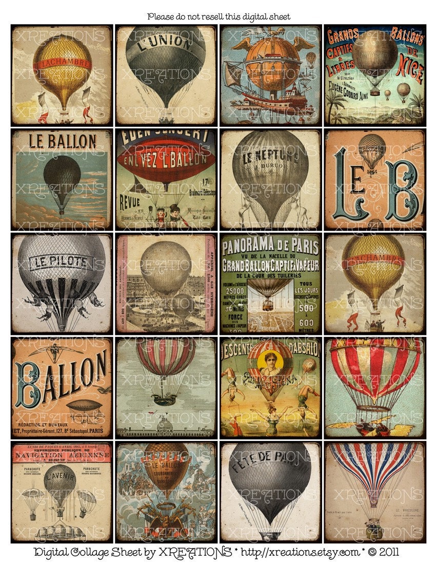 Vintage French Hot Air Balloon Images in 2x2 inches squares - Digital Collage Sheet