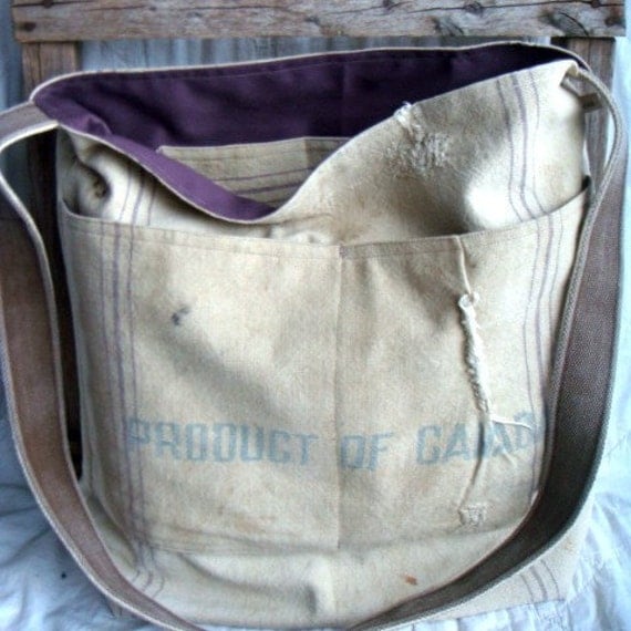 PRODUCT OF CANADA - reconstructed vintage grain sack messenger tote