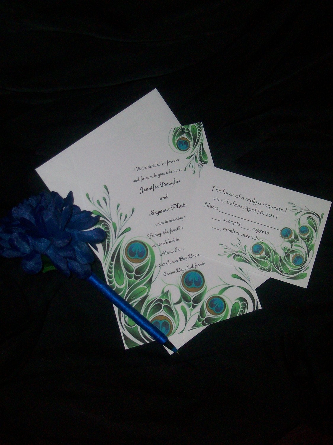  wedding peaock invitations wedding invitations blue green black navy Il