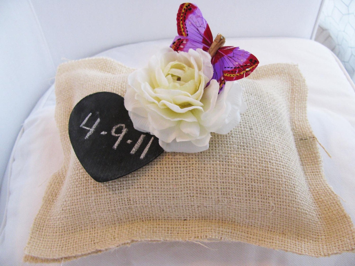Woodland Outdoor Butterfly Rustic Burlap Wedding Ring Bearer Pillow Personalized Heart Chalkboard Tag You Customize Flowers