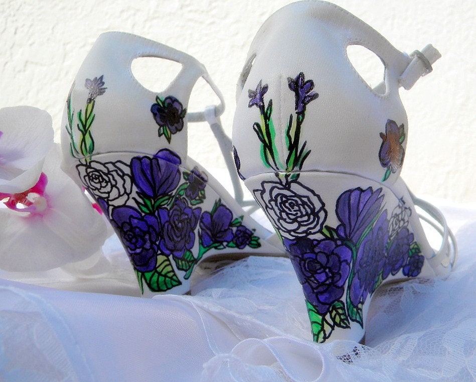 Wedding painted Shoes ivory wedges lisanthius pansies lilies, only paint  not dyed