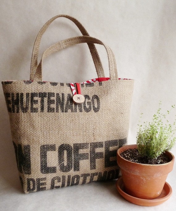 Upcycled tote. Grocery bag. Everyday bag. Book bag. Burlap. Red white retro lining.