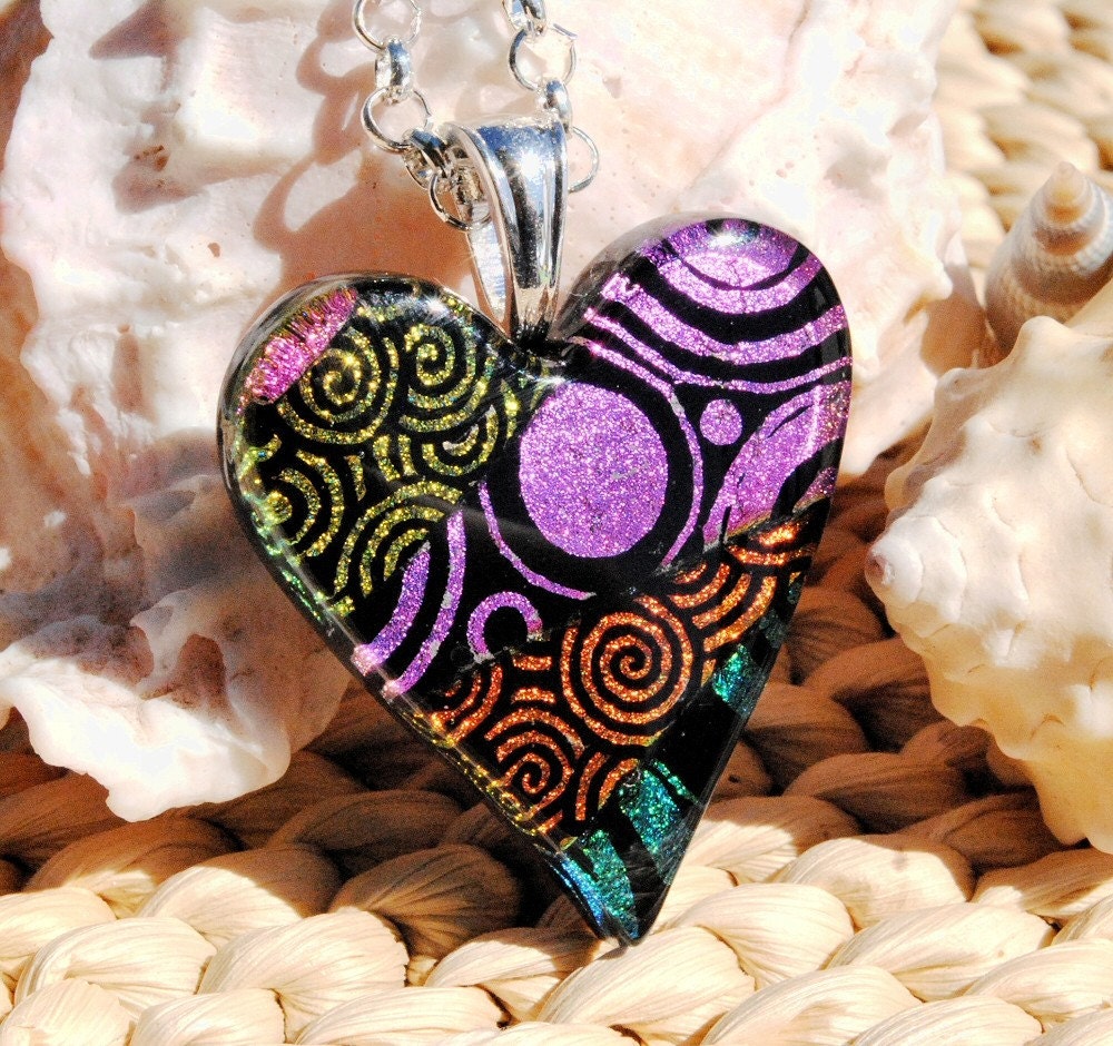Love is Alive -- Dichroic Fused Glass Colorful Heart Pendant (Item 10276-P)