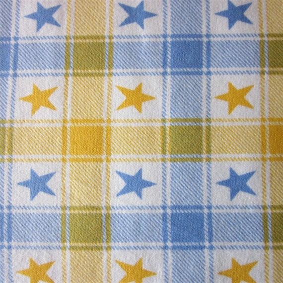 Destash - cotton flannel - 1 yard - yellow and light blue plaid with stars