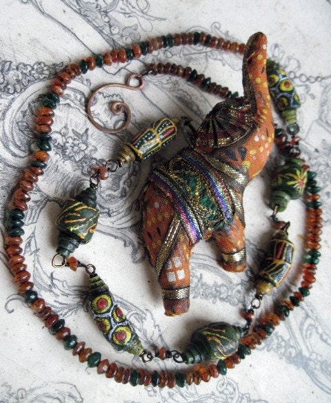 Ganesha. Gemstones and African Glass with Souvenir Elephant.
