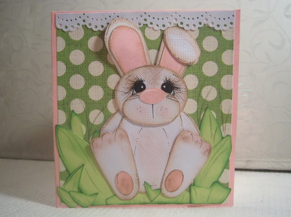 Bunny Paper Pieced Greeting Card Green Polka Dot Easter with Tags