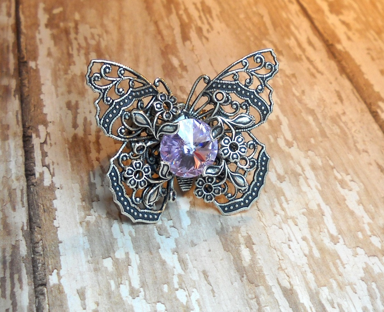 Lilac Dreams - Swarovski Crystal - Victorian Butterfly Filigree - Vintage Estate Rhinestone Cocktail Ring Adjustable