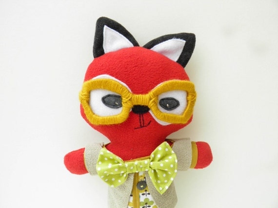 Arnold the retro red fox plush with mustard woolen glasses