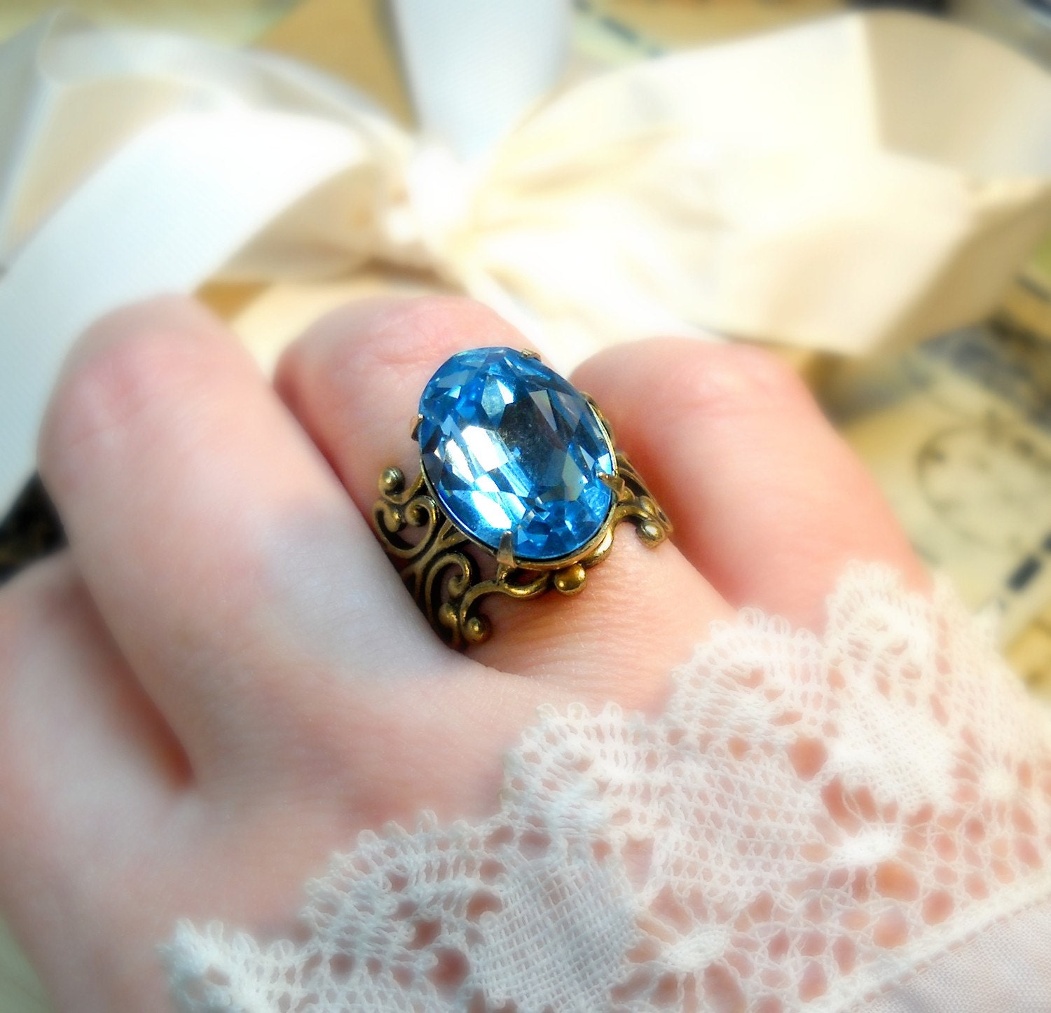 Whisper Blue - Swarovski Crystal - Vintage Estate Rhinestone Cocktail Ring. Adjustable