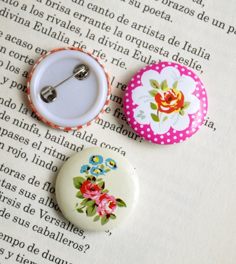 Shabby roses - set of three pinback buttons