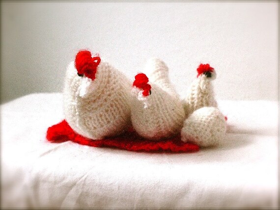 Cock Hen Chicken and Egg - unique knitted toy family wating 4 new home - ready to ship