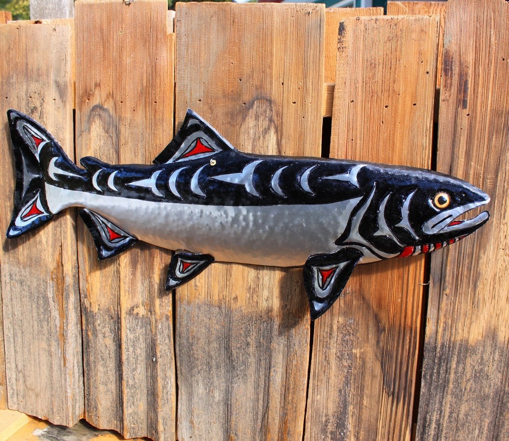 Chinook Salmon - large aluminum fish sculpture with glass eye by Mark - Pacific Northwest Coast Indian-inspired - repurposed - OOAK