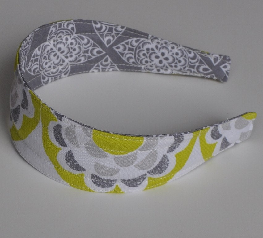 REVERSIBLE Lime and Grey Geoflower Comfort Fit Headband