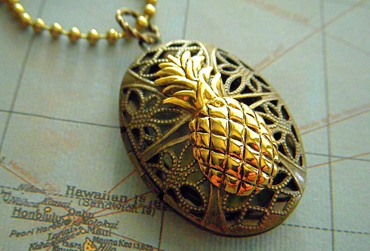 Pineapple Locket Necklace Gothic Victorian Vintage Brass Oval Tiki Tropical Steampunk - Long Brass Plated Chain Included - From Cosmic Firefly Las Vegas