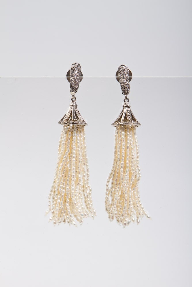 White Seed Pearl Tassel Earrings