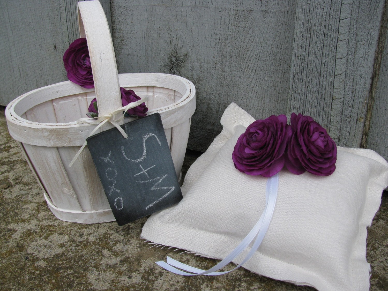 Woodland Outdoor Rustic Linen Wedding SET OF 2 MATCHING Ring Bearer Pillow and Flower Girl Basket with Personalized Chalkboard Tag You Customize Flowers Plum/Purple shown