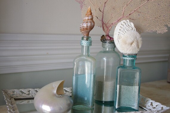 Vintage Aqua Glass Medicine Bottle with Filamentosa (Fox) Seashell