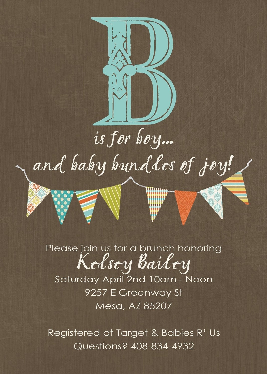 Baby boy shower invite with B is for boy, and banner, digital, printable file (item122)