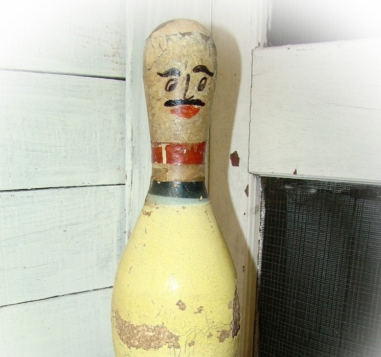 large vintage bowling pin - mustache man