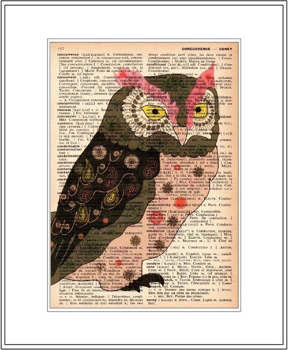 vintage dictionary art print - colorful owl illustration (4 of 6) 8x10 - FREE shipping worldwide