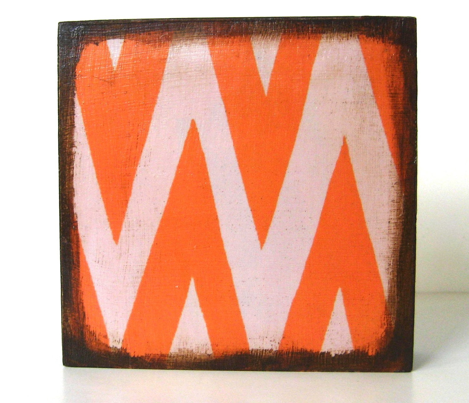 Zigzag Chevron 5x5 art block on wood Orange and Gray Geometric