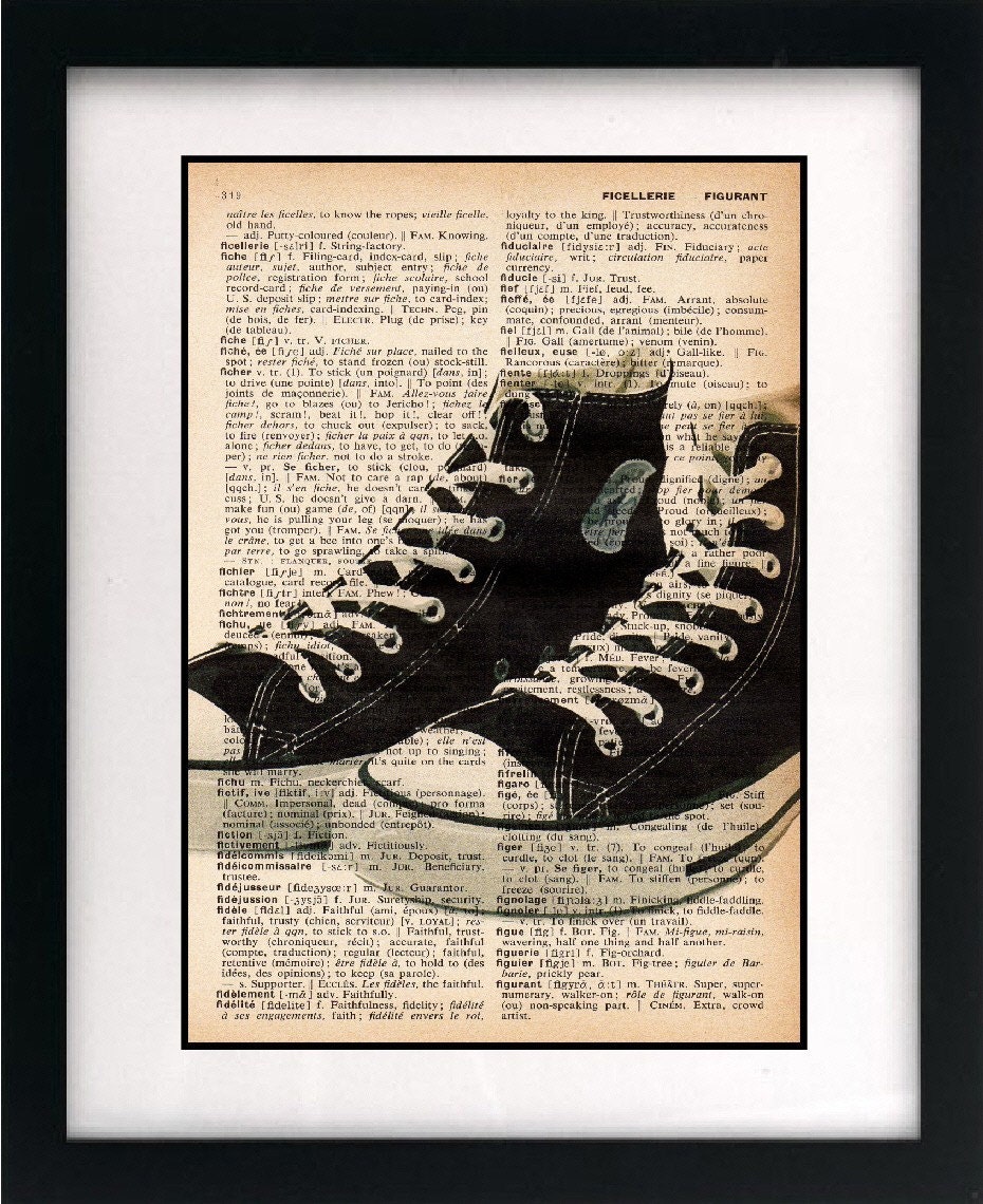 vintage dictionary art print - old school hightop sneakers vectorized illustration all-stars 8x10 - FREE shipping worldwide