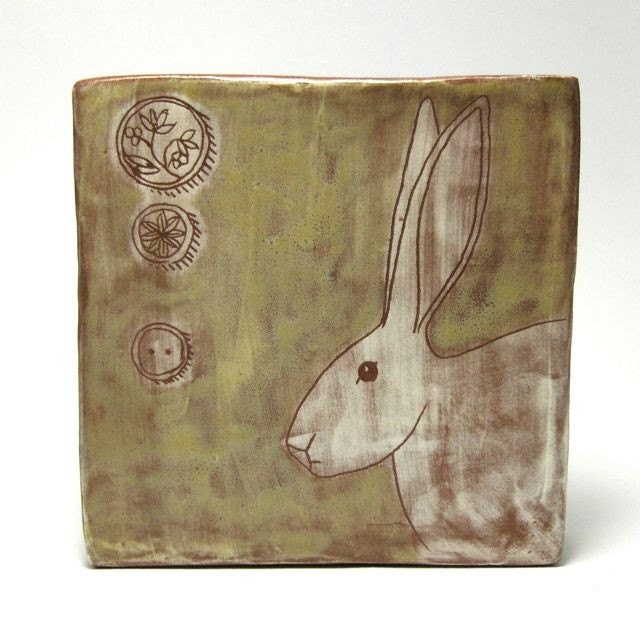 Wall Tile with Rabbit Drawing- OOAK