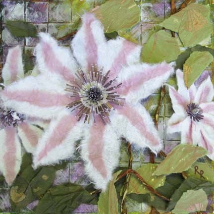 White and Pink Clematis Mixed Media Painting - FREE SHIPPING