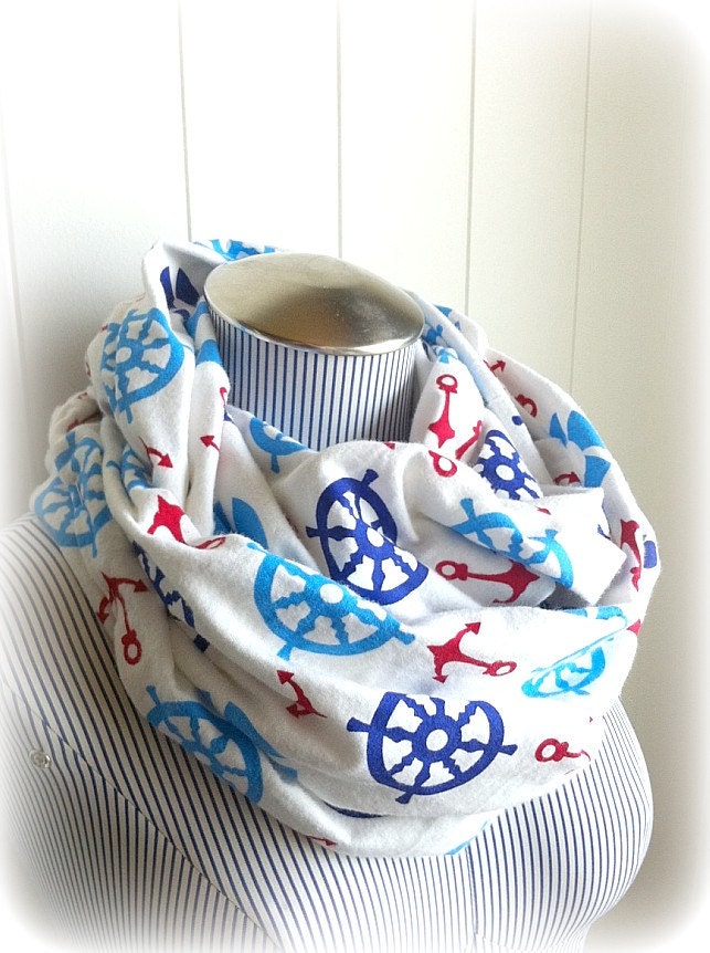 Unisex Anchor and Wheel Print Infinity Scarf, Comfortable yet Fashionable REd White and Blue Sailing Flannel Cowl Scarf