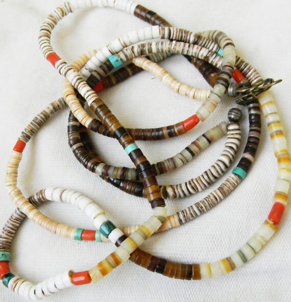 Native American Turquoise, Coral and Shell Double Strand Bead Necklace