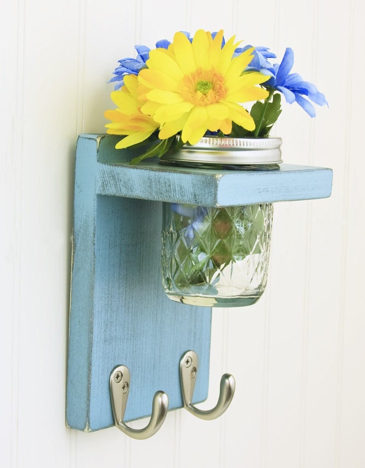 Country Key Holder with 2 Hooks and Mason Jar Vase in shabby Blue Gray- TRwoodworks