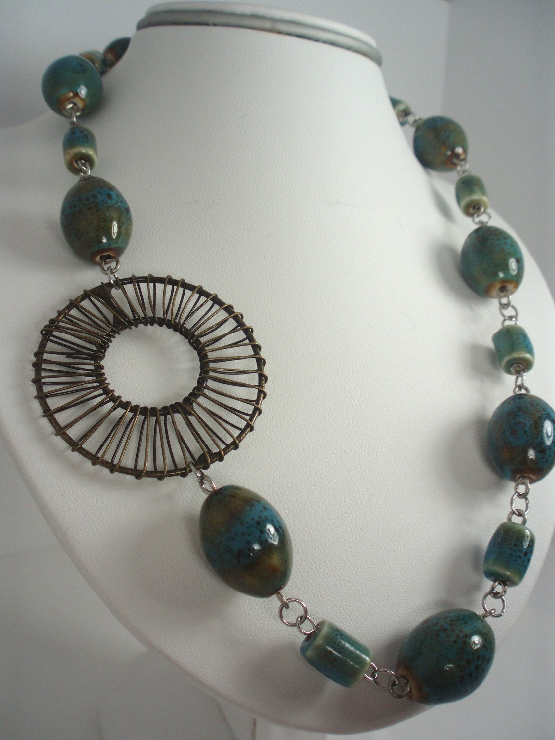 Long Necklace 27" in Green Porcelain Beads and Bronzed Focal Round Metal Bead