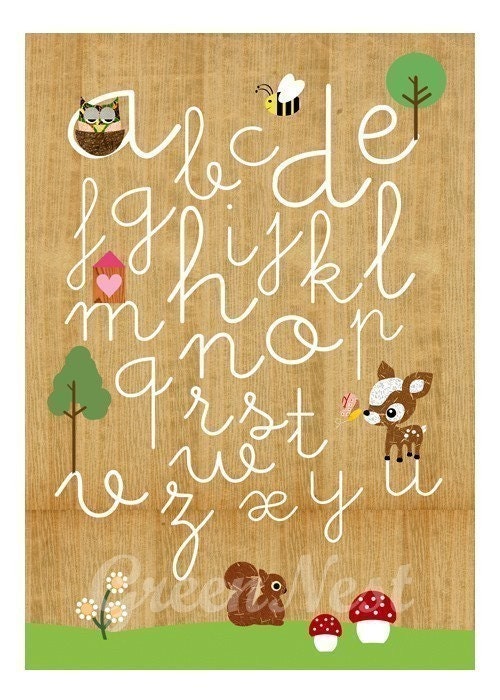 NEW A3 Size: Learn ABC with cute animals- Owl, Squirrel, Deery, bee and Little Treehouse collage poster print