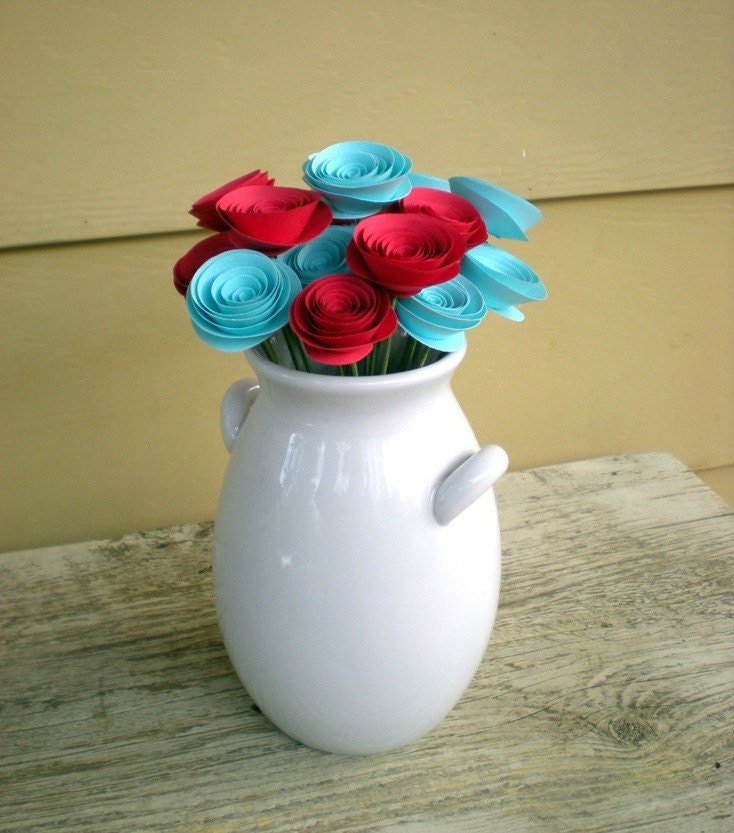 Paper Flowers Bouquet -- Aqua and Red (18 paper flowers)