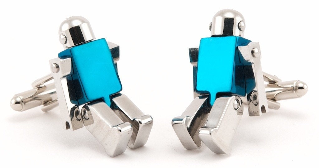Chrome and Blue Robot Cufflinks with Movable Arms and Legs - Free Cuff Link Box