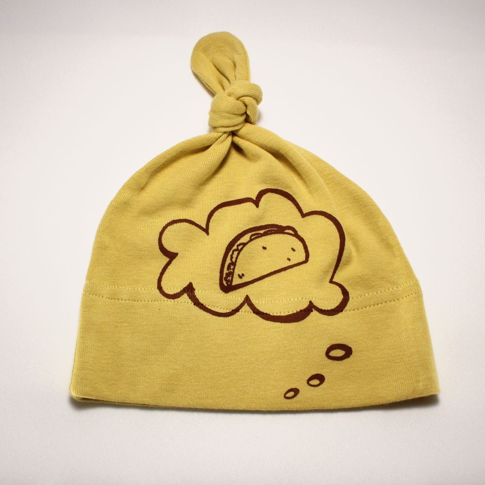 Organic Baby Hat Taco Thoughts hand screen printed dijon yellow with brown ink