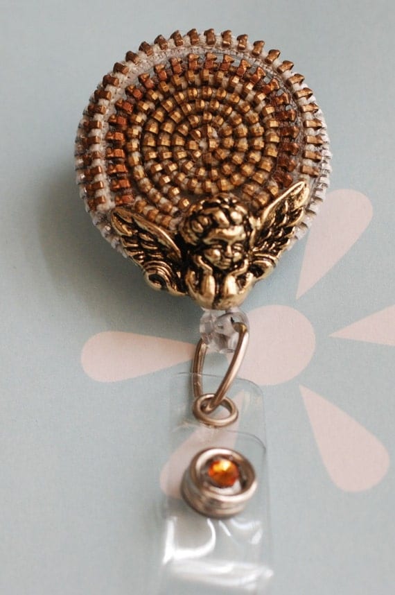 Golden Angel Vintage Zipper Retractable ID Badge Reel
