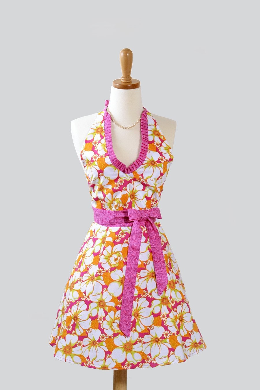 Sexy Halter Hostess Apron . Classy, Flirty and Oh So Beautiful Halter Apron Features Magnolia Blooms on Hot Pink