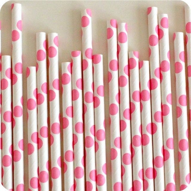 50 PINK  Polka Dot Paper Straws and Flag Toppers