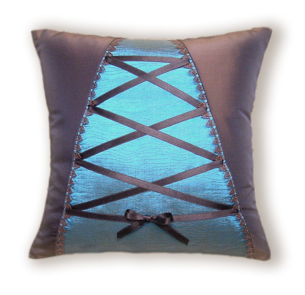 Decorative Throw Pillow Case 16 inch Cushion Cover in Chocolate and Turquoise COLETTE DESIGN