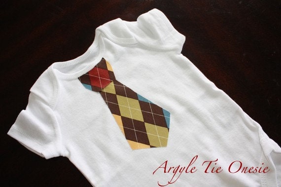 Baby Boy Tie Appliqued Onesie - Argyle