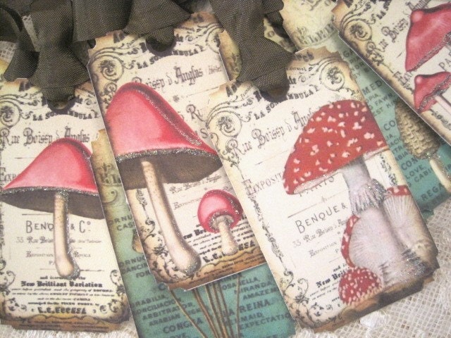 SET OF 9 - Vintage - French - Fungi - Mushroom Study - Gift Tags - Book Illustration - Field Study - Glitter - All Occasion - Buy Three Get One Free