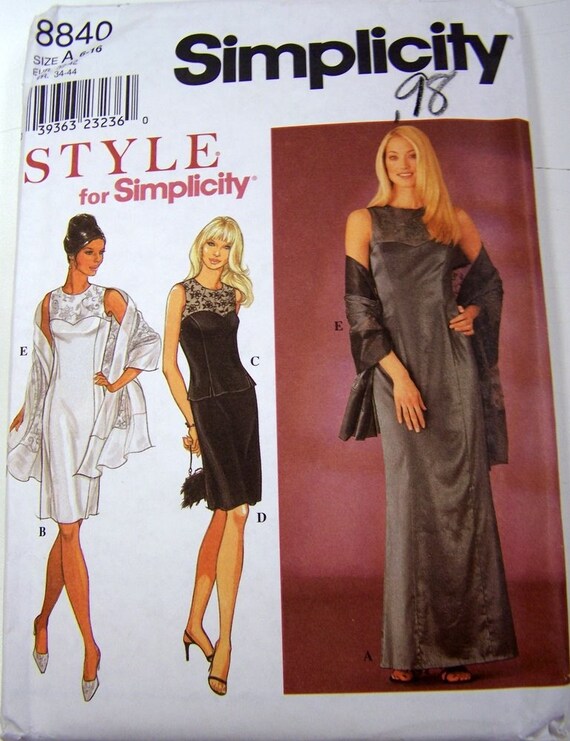 Simplicity 8840 Misses' Evening Dress Top Skirt Wrap Size 6-16 Bust 30-38 Uncut Complete
