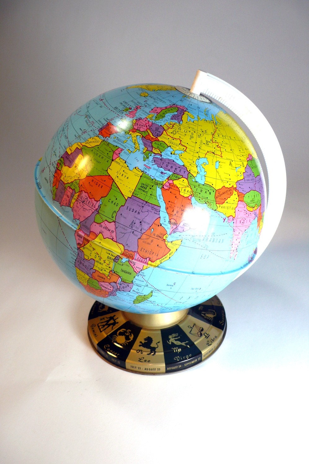what's your sign, midcentury metal WORLD GLOBE with astrological zodiac signs and months - ohio art company - so old school astrology