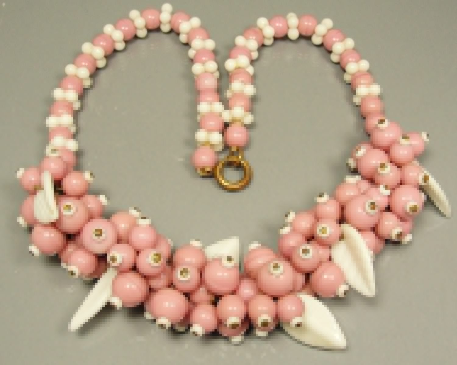 Early Haskell Pink Glass Beads And White Leaves Vintage Necklace