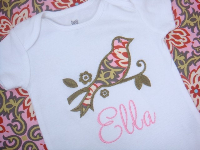 CHOOSE YOUR FABRIC Personalized Simple Bird Embroidered Applique Onesie