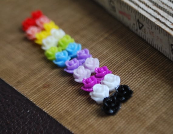 22 Teeny Tiny Rose Flower Flat Back Plastic Cabochons - Sample Pack - Multi Color - 8.5mm - MIX A